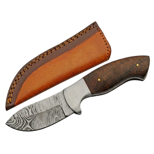 Cuchillo de Caza de Acero de Damasco con Mango de Madera y Funda de Cuero, Hoja Recta con Punta Caída de 7.5 Pulgadas de Largo, Grado Industrial OEM/ODM - Product Image 1