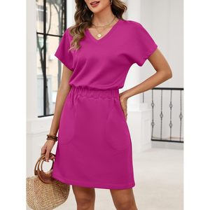 FOXA Vestido de verano para mujer con cuello en V, manga corta, cintura elástica, minivestido tipo camiseta, vestido informal para vacaciones en la playa con bolsillo - Product Image 3