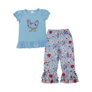 Ensemble fille brodé motif poussin bleu, manches courtes, pantalon floral en soie, vêtements pour tout-petits, boutique, vente en gros, haute qualité, nouvelle arrivée - Product Image 1
