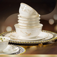 Goldrand-Landschafts-Keramik-Geschirrset, Schüsseln Teller Auflaufformen für Hotel Hochzeit Restaurant Catering Tägliches Familienessen