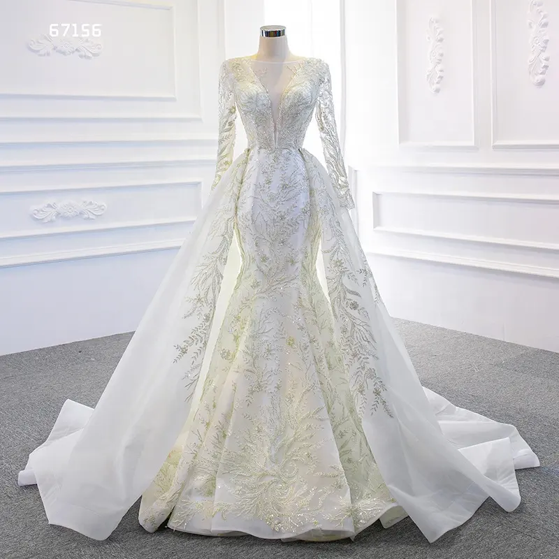 Jancember ARSM67156 Mermaid Long Sleeve Applique Wedding Dress With Detachable Train