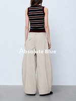 Pantalon plissé ample à jambes larges en coton froissé avec poche triangulaire arrière, coupe décontractée pour femme