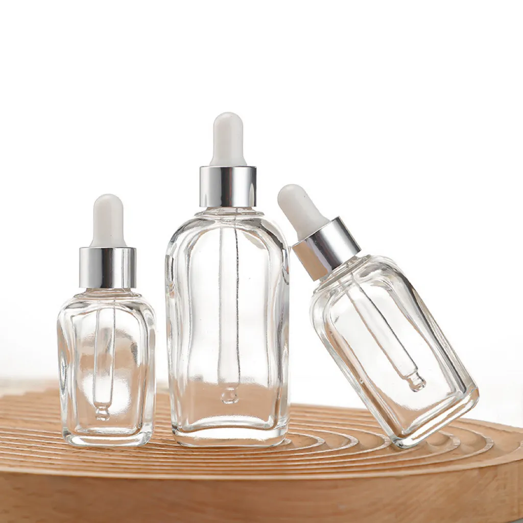 Cosmetics packaging 30ml square glass essential oil dropper bottle transparent square perfume bottle