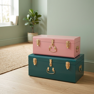 Classic Design Stackable <b>Metal</b> <b>Storage</b> <b>Trunks</b> Rectangular Pink and Teal with Gold Latches for Sundries Organization - Product Image 1