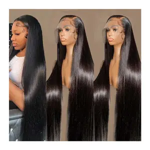 Siyah kadınlar için düz bakire brezilyalı dantel ön 30 inç dantel Frontal peruk doğal 40 uzun saç postişi tam dantel ön peruk
