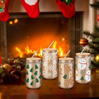 Mug à café/bière en verre de 16 oz avec logo de Noël vert personnalisé par le fabricant, avec couvercle en bambou et paille, idéal pour les cadeaux d'affaires