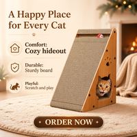 Griffoir vertical triangulaire moderne et écologique pour chat, avec cachette en carton ondulé et boule en papier, sans perte de fibres, amovible, vente en gros