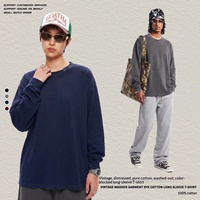 Kaos Lengan Panjang Pria 350G Heavyweight Musim Gugur Musim Dingin, Dicuci, Berwarna, Model Lama, Katun Murni, Modern, Bersih, Rapi