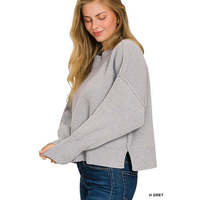Pull ample à col large Zenana, épaules tombantes, en mélange de coton, acrylique et nylon, légèrement extensible, gris clair, côtelé, importé