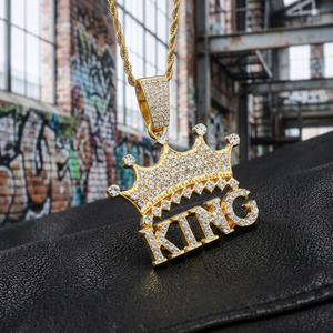 Iced Out <b>King</b> <b>Crown</b> Pendant Necklace 22K Gold Plated With Diamonds Men's Hip Hop Style Jewelry - Product Image 1