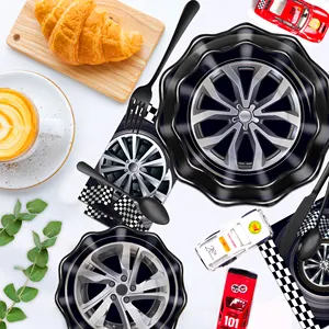 MU005 Race Car Checkered Wave Paper Plates Tableware Set Tire Race-car Party Supplies for Race Sports Theme