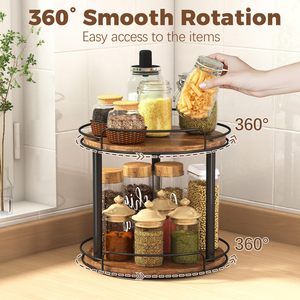 <b>Rotating</b> <b>Spice</b> <b>Rack</b> Double Layer Wooden Kitchen Storage Organizer With Iron Frame For Seasoning And Oil Bottles - Product Image 5