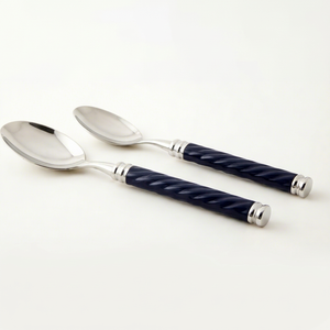 Ensemble de 2 cuillères de service élégantes en acier inoxydable avec manches en céramique bleu marine, finition miroir, compatibles lave-vaisselle, pour la maison - Product Image 1
