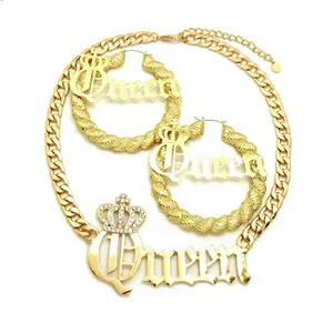 Gold Plated Stainless Steel Fashion Women Statement Queen Pierced Earrings Necklace Set Hip Pop Jewelry