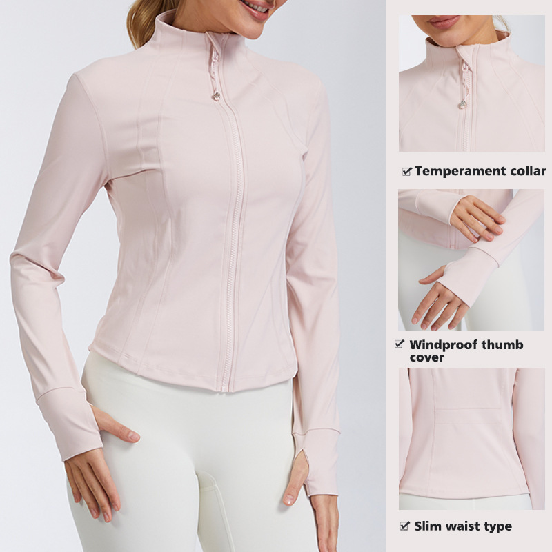 Quick-Drying Slim-Fit Stand-Up Collar Sports Long-Sleeve Yoga Jacket Zipper Spandex/Polyester Material for Women Outdoor Fitness