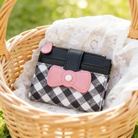 Portefeuille pour femmes en cuir PU à carreaux style Lolita Kawaii, avec nœud décoratif, mini porte-cartes de créateur, poche à monnaie zippée pour filles