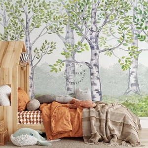 <span class=keywords><strong>Papier</strong></span> <span class=keywords><strong>peint</strong></span> décoratif de dessin animé auto-adhésif de forêt de <span class=keywords><strong>bouleau</strong></span> d'aquarelle - Product Image 2
