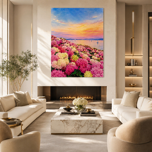<span class=keywords><strong>Peinture</strong></span> à l'huile de bateau à voile au lever du soleil sur le lac, fleurs roses, côte, montagnes, nuages lumineux, reflets, toile peinte à la main - Product Image 1