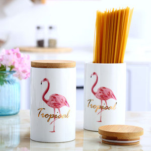 Pot de rangement en céramique flamant rose Creative Line bouteille de stockage d'aliments pour animaux avec couvercle en bois boîte à thé scellée de cuisine - Product Image 4