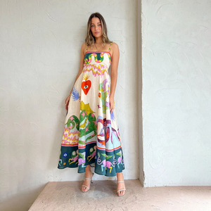 Vestido Maxi IStapromo con Tirantes Finos, Estampado Floral Pintado a Mano, Cintura Imperio, Corte en A, Holgado, Informal, de Verano - Product Image 1