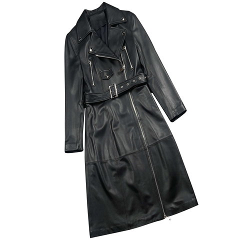 925 Fashion Long Zipper Pocket Motorcycle Style Genuine Leather Sheepskin Jacket Style Ladies Trench Coat
