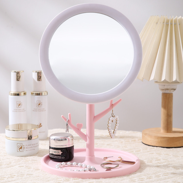 LED Smart Light Oval Wholesale Vanity Desktop Plastic Pink Plain Bedroom Round Custom Cosmetic Make up Table Standing Mirror