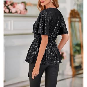 2025 femmes paillettes Blouse scintillant Sequin Peplum col en v haut cravate devant manches courtes cloche habillé fête bambou matières premières - Product Image 2