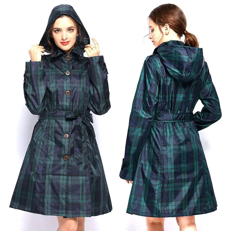 Womens Stylish Long Green Grid Rain Poncho Waterproof Raincoat Jacket Coat with Hood and Belt