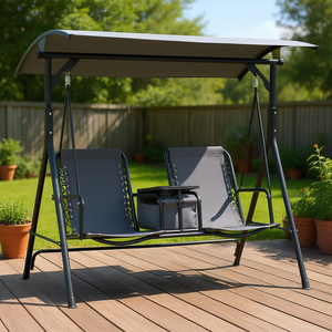 Fauteuil balançoire de patio 2 places avec auvent réglable, table de rangement, porte-gobelet, cadre métallique, coussin imperméable - Product Image 2