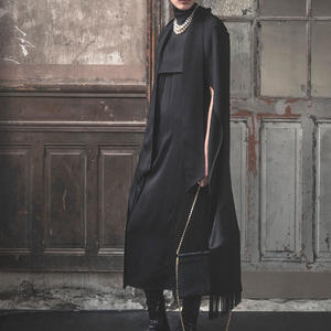 Maxi abito personalizzato da donna in raso a collo alto nero con frange <span class=keywords><strong>Cape</strong></span> <span class=keywords><strong>Coat</strong></span> Vintage elegante abbigliamento quotidiano Casual - Product Image 1