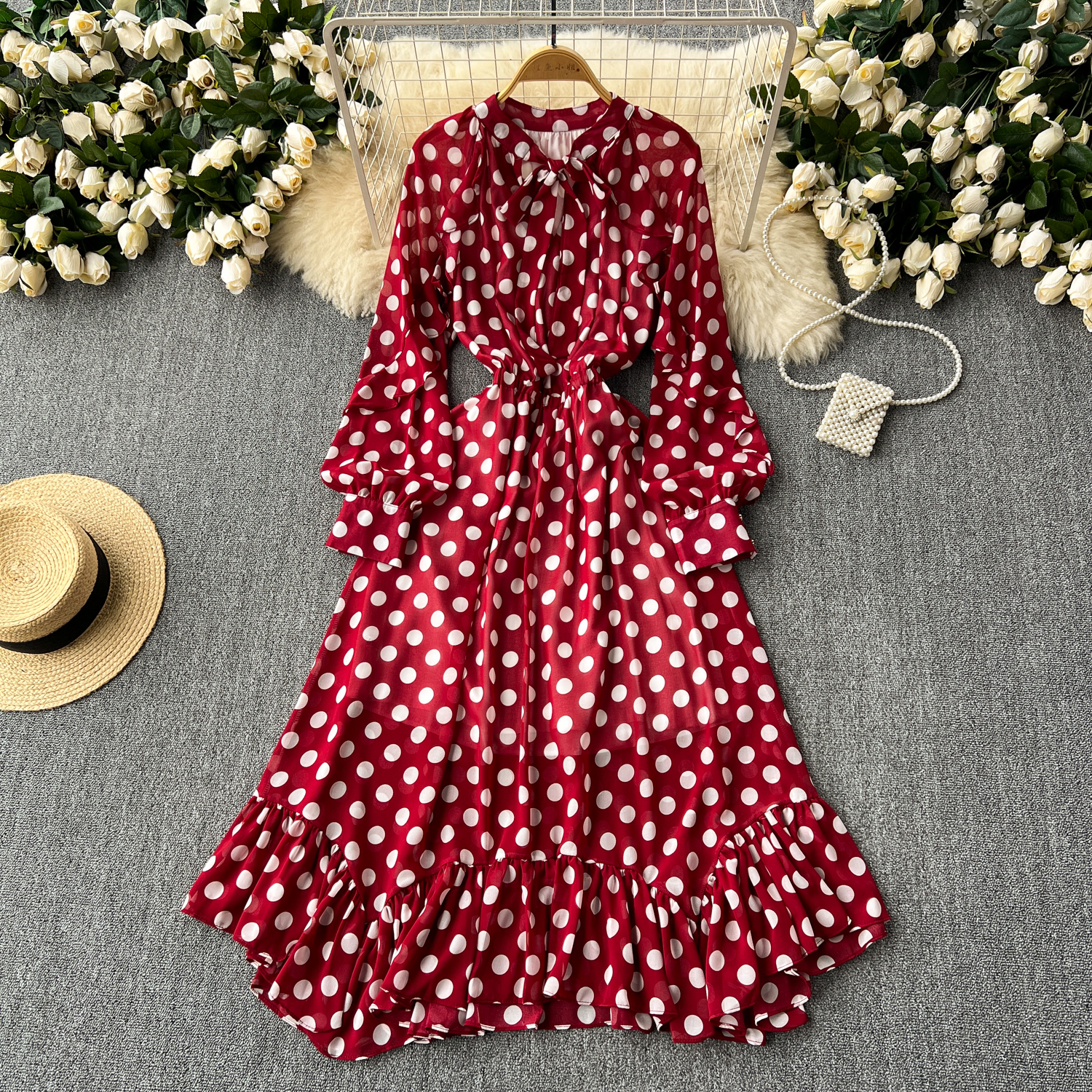 Tunic Slim Casual Midi Dress for Women Polka Dot Lace Dress Burgundy Black|  Alibaba.com