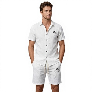 Ensemble chemise et short en coton gaufré pour homme, broderie palmier, tenue décontractée d'été, col rabattu, respirant - Product Image 1