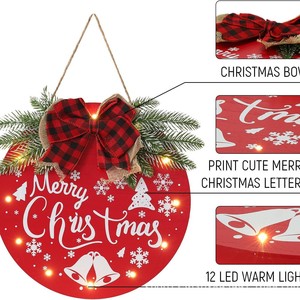 Panneau de Noël rond en bois, décoration de porte circulaire avec flocon de neige, clochette et nœud, art mural festif pour la maison, pour porte d'entrée - Product Image 3