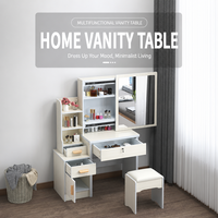 Coiffeuse de chambre moderne et minimaliste pour petits espaces, avec miroir coulissant, compartiments de rangement et un design élégant.