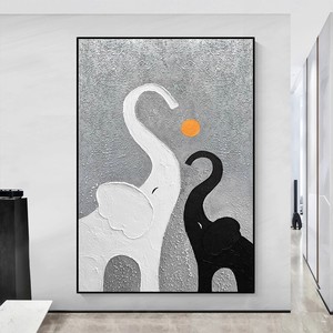 Auspicious Elephant Hand Painted Oil Painting Black White Texture Living Room Entryway Decorative <b>Wall</b> Art Metal <b>Frame</b> - Product Image 1