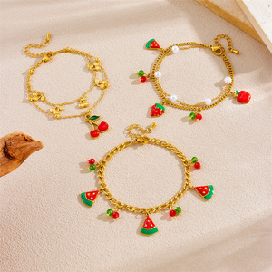 Fashionable Summer Fruit Charm <b>Bracelet</b> <b>Set</b> Strawberry Cherry Watermelon Women's Jewelry Gift Stainless Steel B1706 B1707 B1708 - Product Image 1