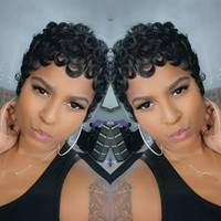Perruques Bouclées Sans Colle avec Frange, Cheveux Humains Vierges Brésiliens Ondulés Naturels Noirs, Perruques Coupe Pixie Sans Dentelle pour Femmes