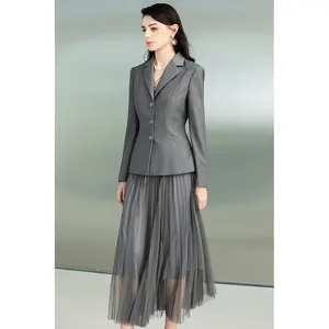 Professional Factory Bulk Custom Production 2 Piece Set Women Pleated Skirt And Top Grey Pleated Skirt Suit