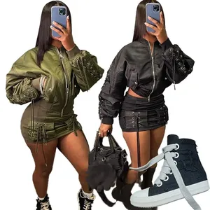 Moda stil iki parçalı Set kadın rahat fermuar dantel up ceketler + Mini etekler eşleşti 2024 Hipster etek kıyafetler