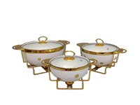 Vente directe d'usine, casserole ovale en céramique marbrée dorée, pot à soupe de style buffet avec support en fer, ustensiles de cuisine en marbre