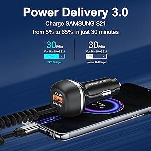 SUNDA <span class=keywords><strong>Chargeur</strong></span> de voiture à câble spiralé 51W 1A1C PD3.0 à charge rapide pour téléphones mobiles – Vente chaude - Product Image 2