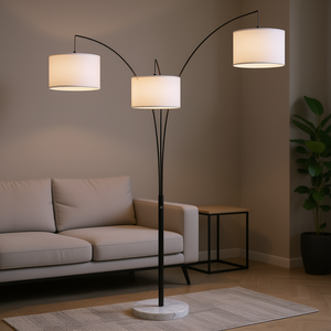 Lámpara de Pie Contemporánea Trilage Arc con 3 Pantallas de Tambor, Poste de Acero, Base de Mármol, en Blanco y Negro para Sala de Estar o Dormitorio - Product Image 2