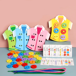 Vestiti educativi fai-da-te forma filo giocattolo in legno bambini scuola materna abilità di vita apprendimento 4 pezzi bottoni da cucire gioco - Product Image 1