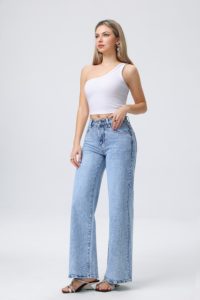 Jean en denim taille haute à jambe large pour femme, coupe ample, longueur intégrale, bleu délavé, style décontracté d'été - Product Image 4