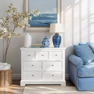 Meuble de chambre à coucher en bois avec 7 tiroirs, grand coffre à tiroirs blanc (L122cm H102cm P46cm), entièrement assemblé - Product Image 1