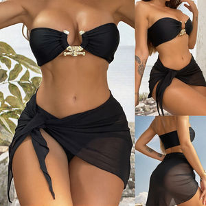 Conjunto de Bikini Ecológico de Tres Piezas con Estampado de Encaje, Top Bandeau Plisado y Accesorios de Playa, Tankinis para Mujer - Product Image 3