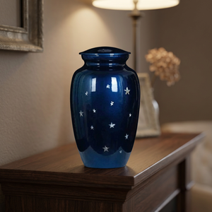 Urna Funeraria con Patrón de Estrella Azul, Florero Conmemorativo con Tapa, Recuerdo, Urna Crematoria de Diseño Personalizado - Artesanía India - Product Image 1