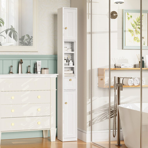 Armoire <span class=keywords><strong>de</strong></span> rangement <span class=keywords><strong>de</strong></span> salle <span class=keywords><strong>de</strong></span> bain haute Factory Direct avec 2 portes et tiroir, armoire <span class=keywords><strong>de</strong></span> rangement étroite avec étagères réglables - Product Image 1