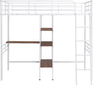 Metalen Loft Bed Met Ingebouwde Bureau En Planken Twin Size Bed Voor Slaapzaal