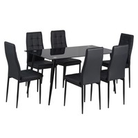 Ensemble de salle à manger moderne en verre trempé noir, table durable avec 6 chaises rembourrées en PU confortables, vente en gros